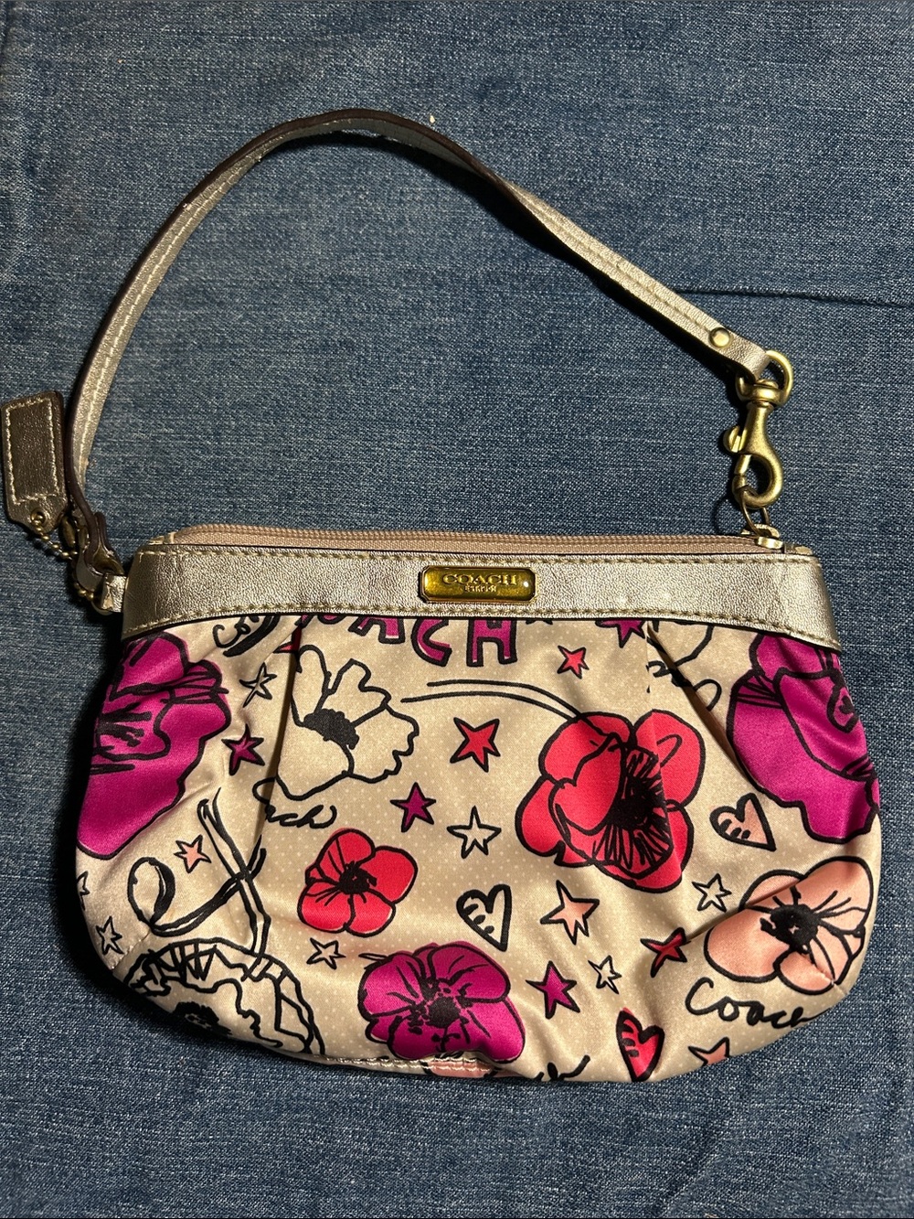 Coach Pink Floral Satin Wristlet with Metallic Trim
